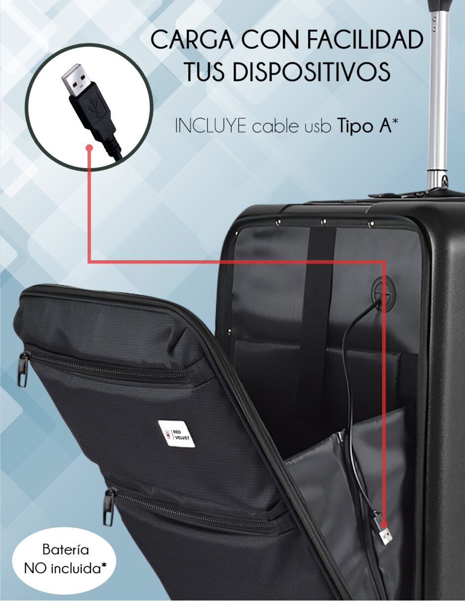 Maleta De Cabina Carry Ruedas 360°cargador Usb Candado Tsa Negro Liso