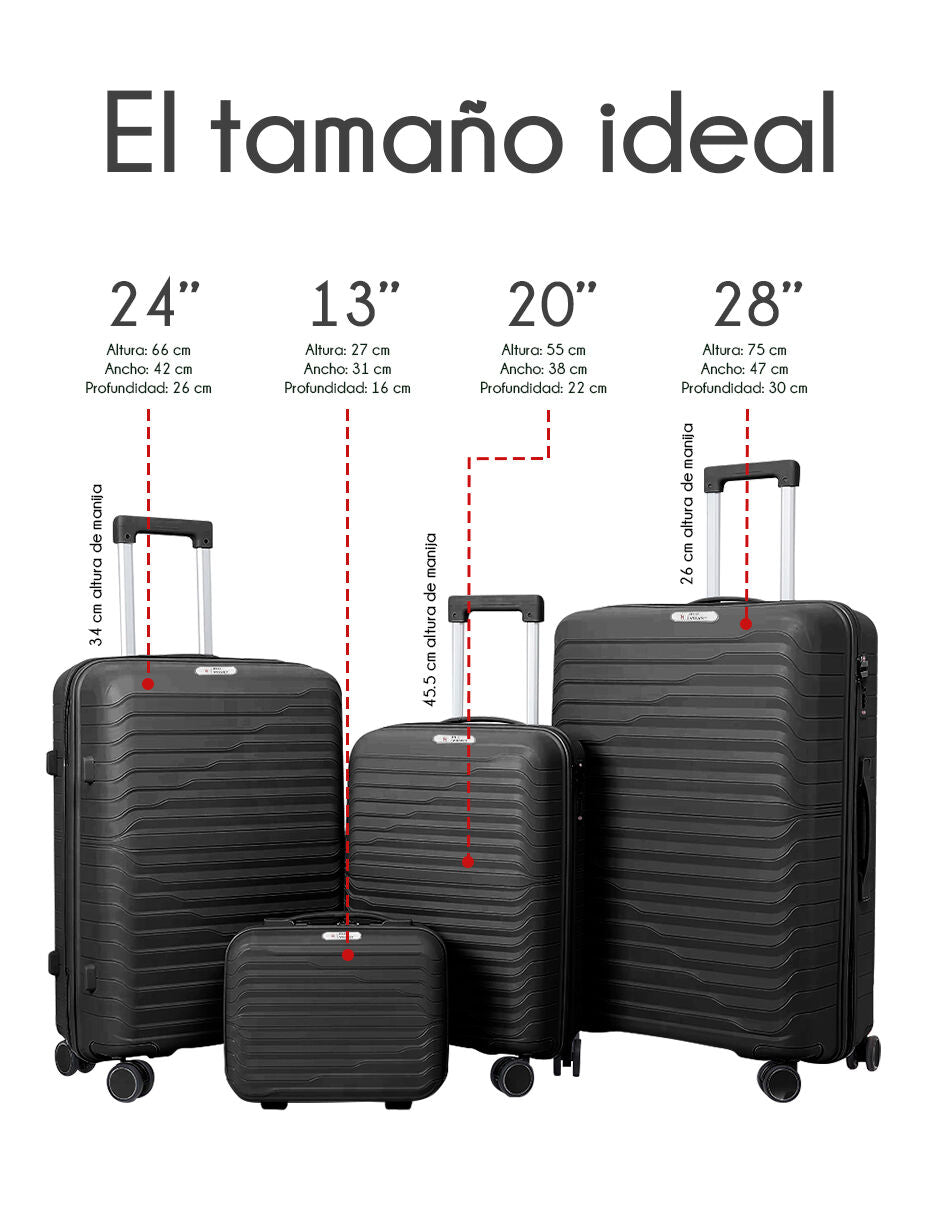 Set De 4 Maletas Viaje Rígidas Con Ruedas 360° Candado Tsa Negro Liso