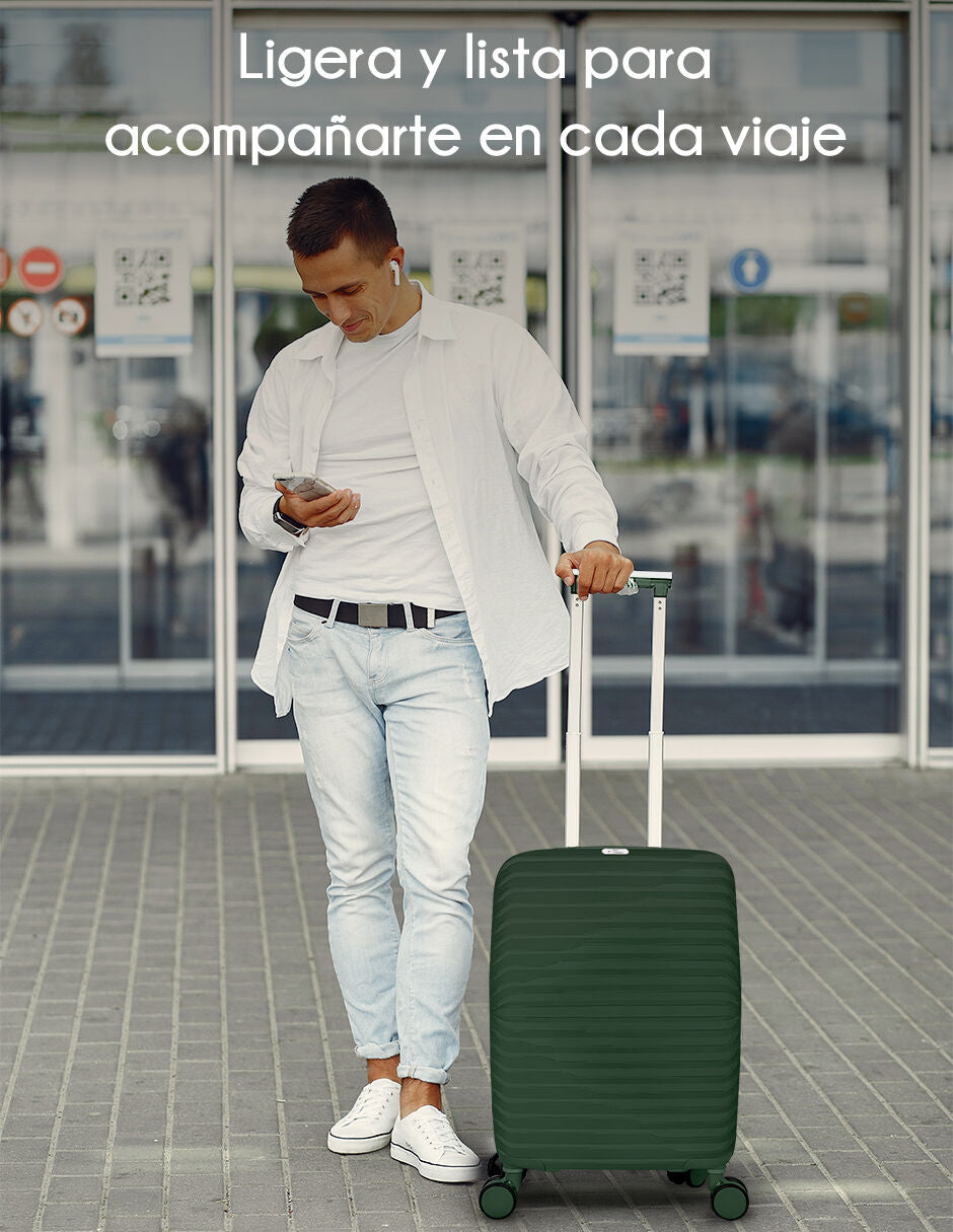 Maleta De Cabina Rigida Carry On Ruedas 360° Candado Tsa Verde Lisa