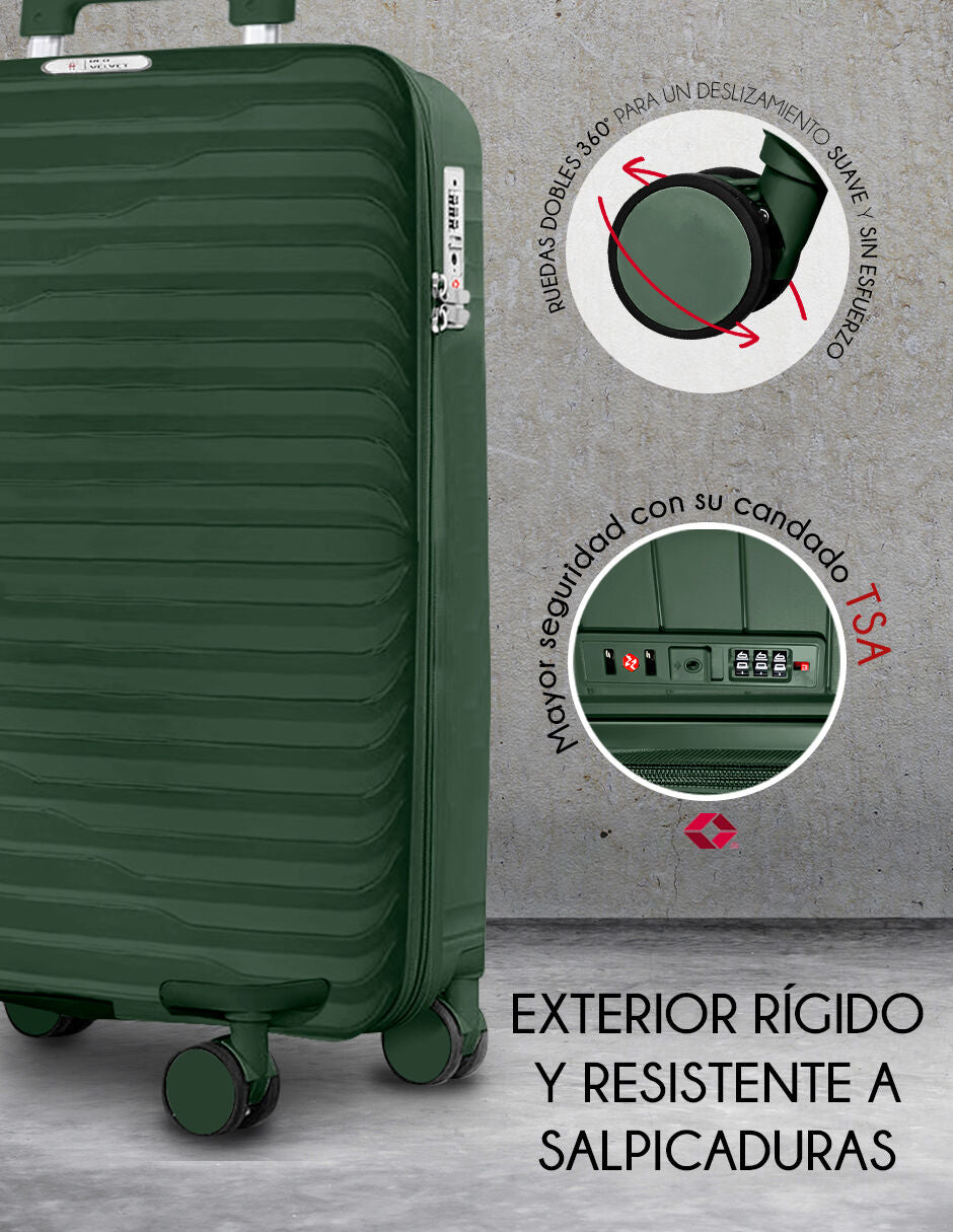 Maleta De Cabina Rigida Carry On Ruedas 360° Candado Tsa Verde Lisa