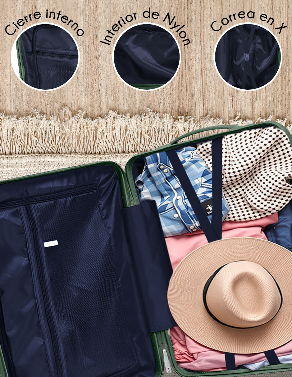 Maleta De Cabina Rigida Carry On Ruedas 360° Candado Tsa Verde Lisa
